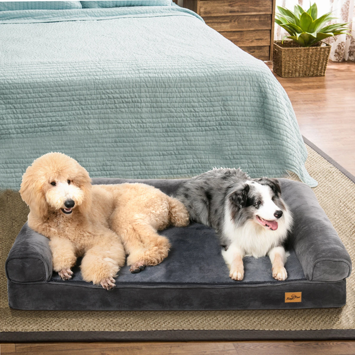 Extra Large Sofa Style Dog Bed with Bolster M-2XL Sizes Waterproof Cover Sponge Foam Base for Big Dogs