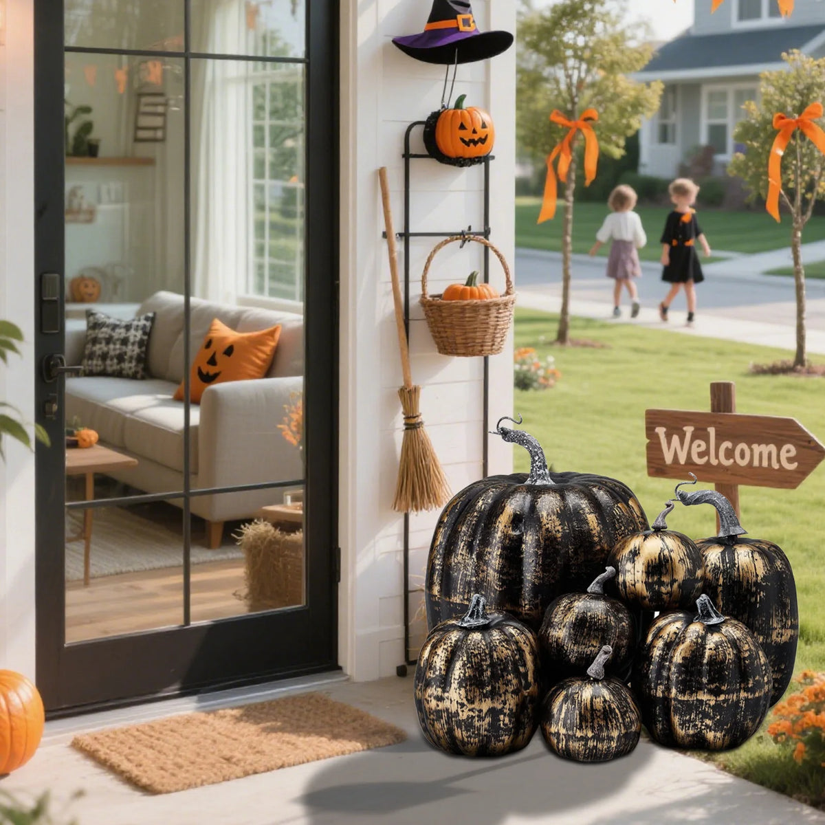 Artificial Pumpkins Set of 7, Black Halloween and Autumn Table Decorations