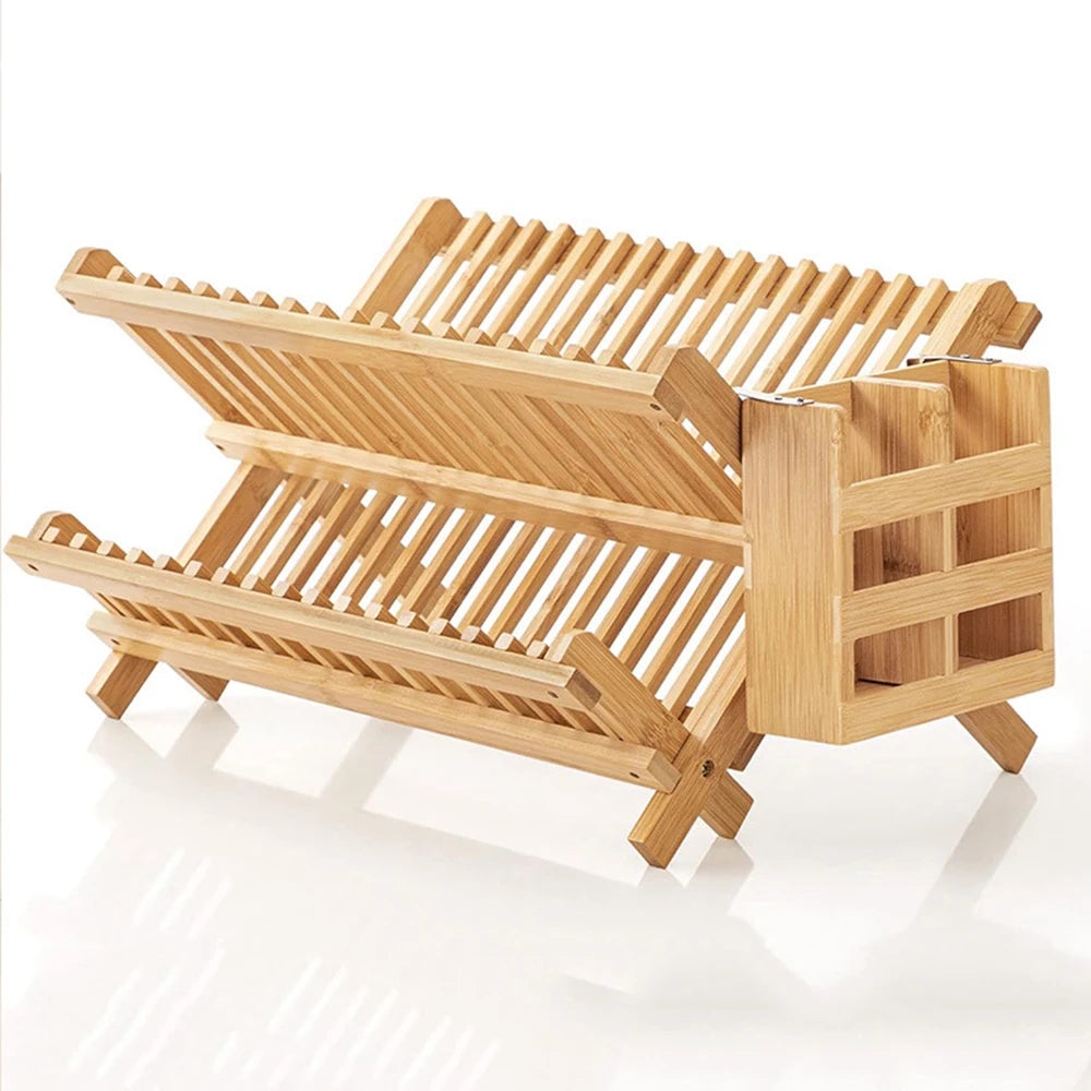 Folding Bamboo Dish Drying Rack | Countertop Drip Drainer Holder Stand for Kitchen 41x24.5x25cm