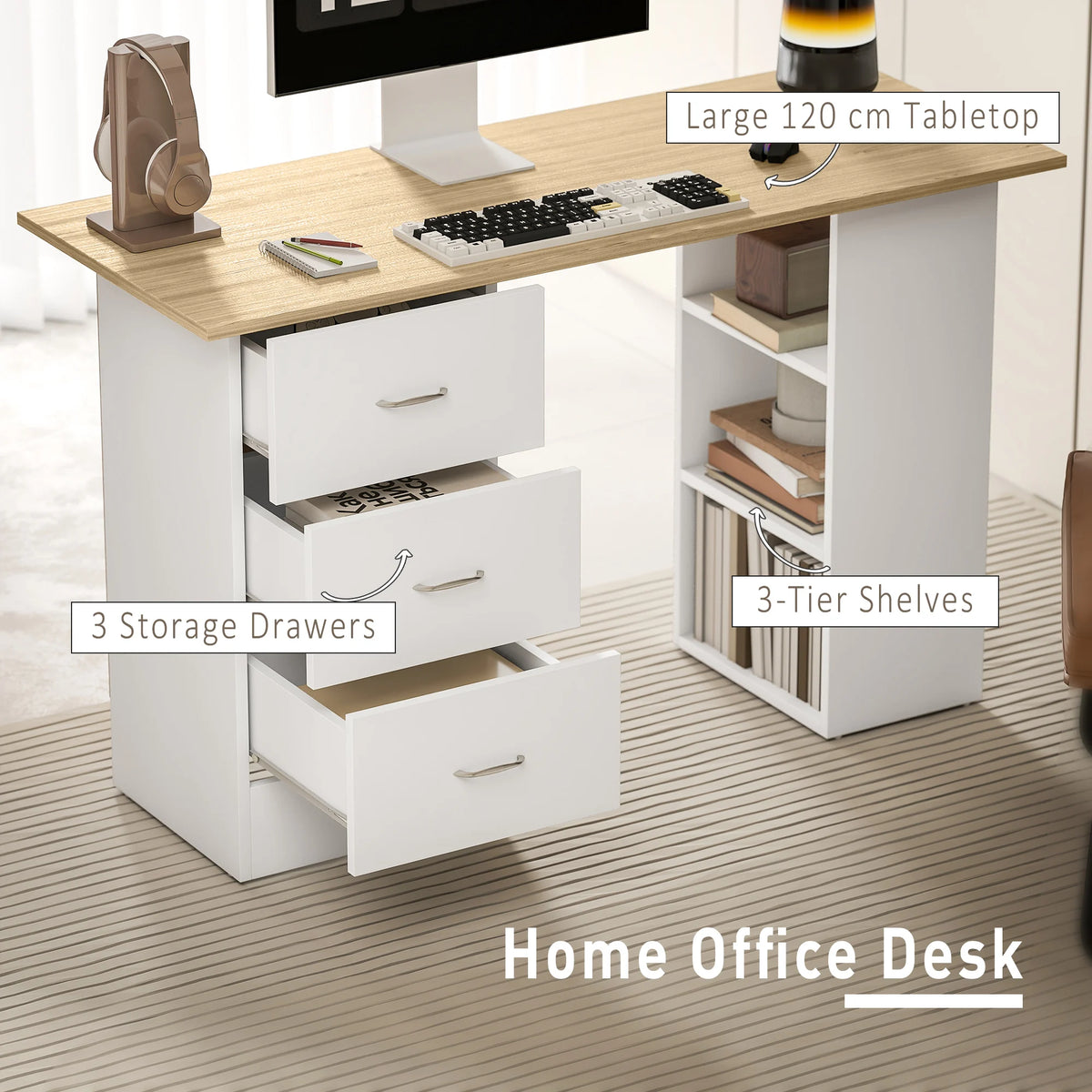 Computer Desk 120x49x72cm with 3 Drawers and 3 Open Shelves Reversible MDF Study Table Natural