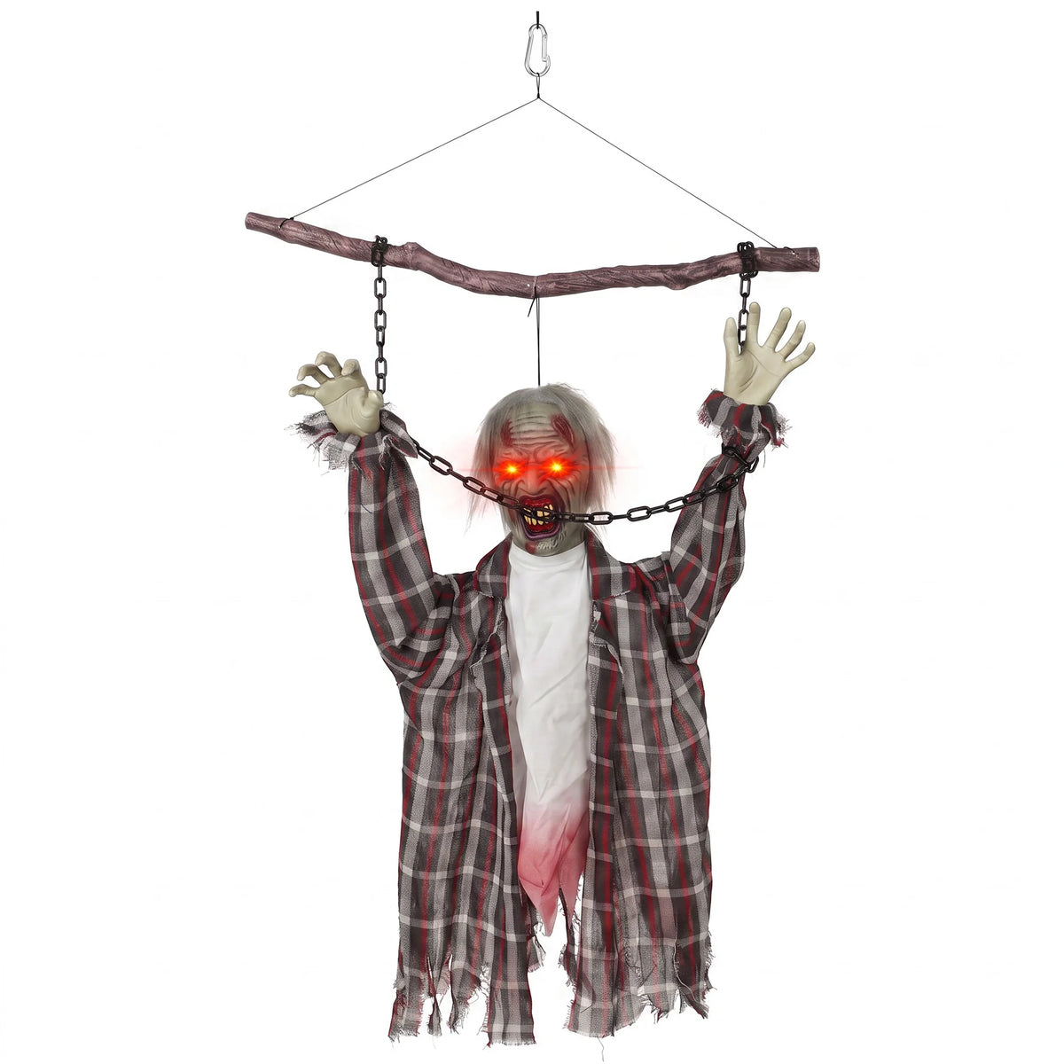 Hanging animated chained zombie Halloween decoration with red eyes