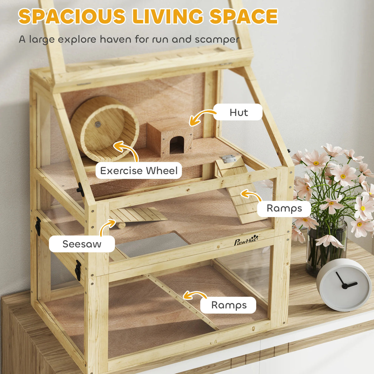 Wooden Hamster Cage, 3 Tier Gerbil Cage with Detachable 32cm Deep Bottom, Hut, Seesaw, Ramps, Natural Wood Finish