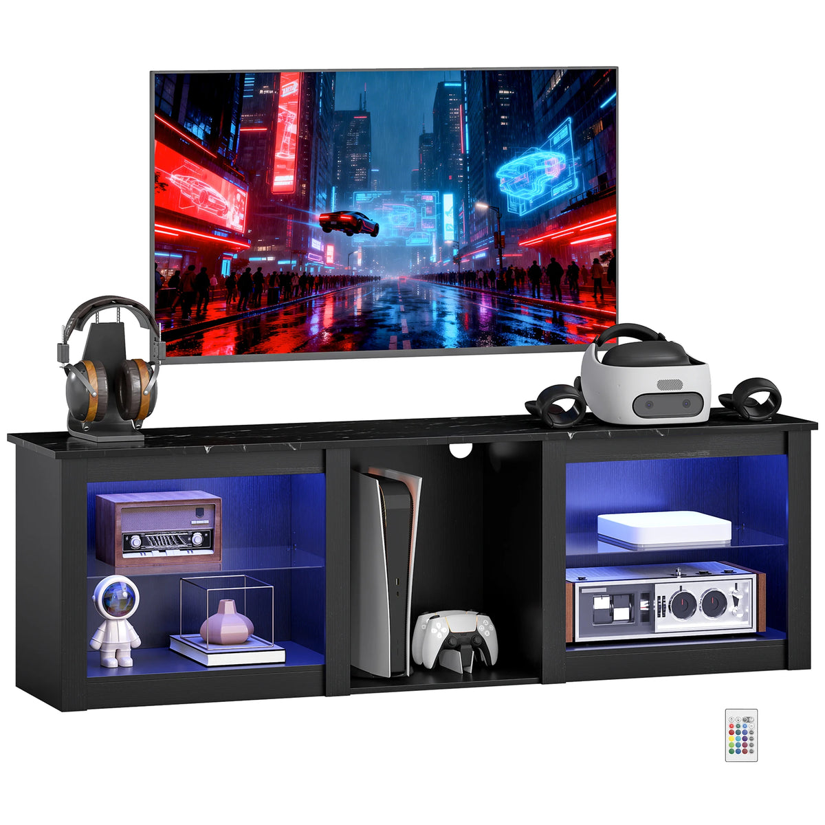 160cm TV Unit with LED Lights and Storage for TVs up to 70 Inch, Black