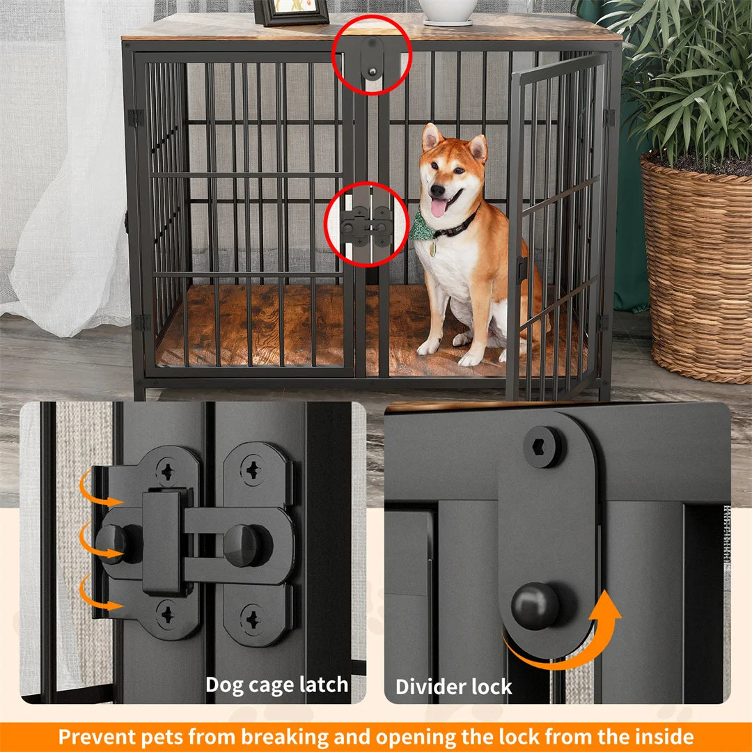 BINGOPAW Heavy Duty Wooden Dog Crate Furniture Side Table 90x62x68.5cm 4 Doors with Divider Small Medium Dogs
