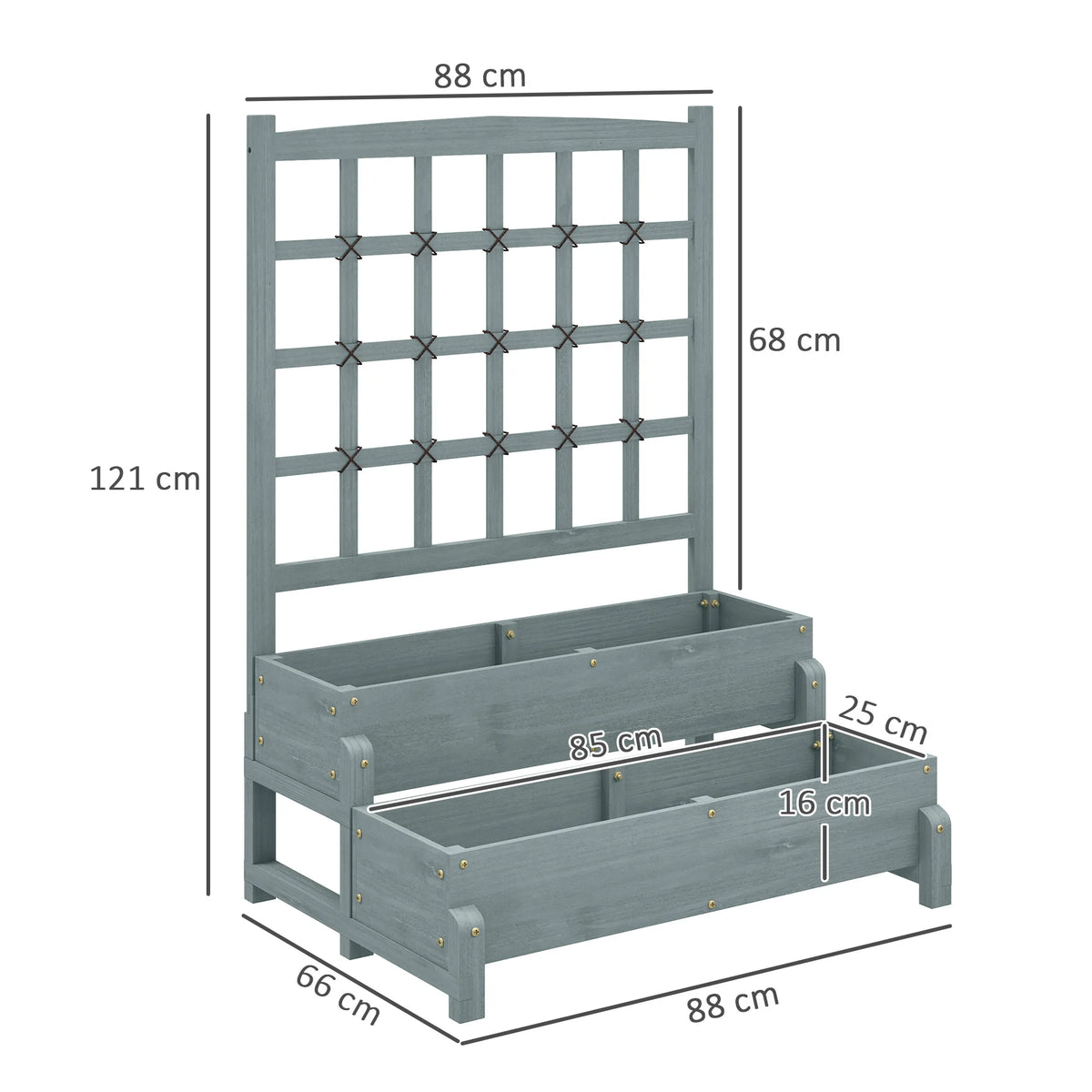 2-Tier Wooden Raised Flower Bed with Trellis and Drainage Holes, Grey