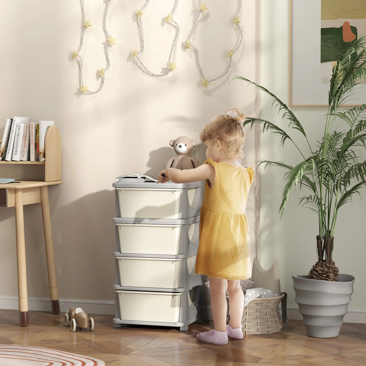 Kids 4 Tier Storage Drawer Unit Plastic Chest Tower with Removable Drawers Rounded Edges Cream