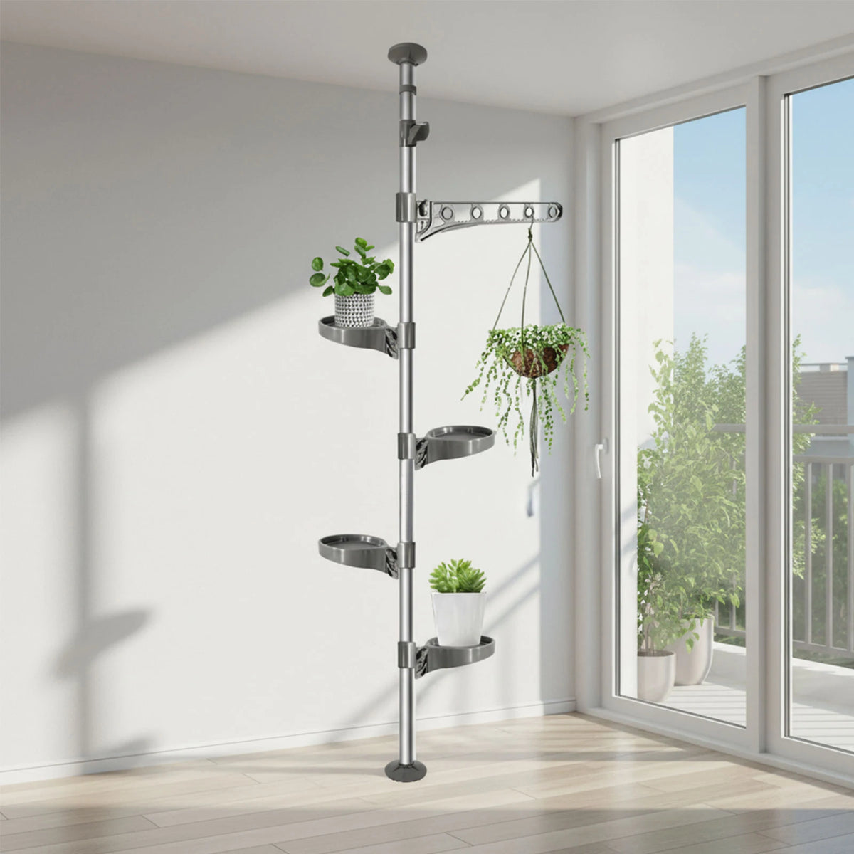 4 Layer Tension Rod Plant Stand Adjustable 175-290cm Floor to Ceiling for French Window Corner Home Decor