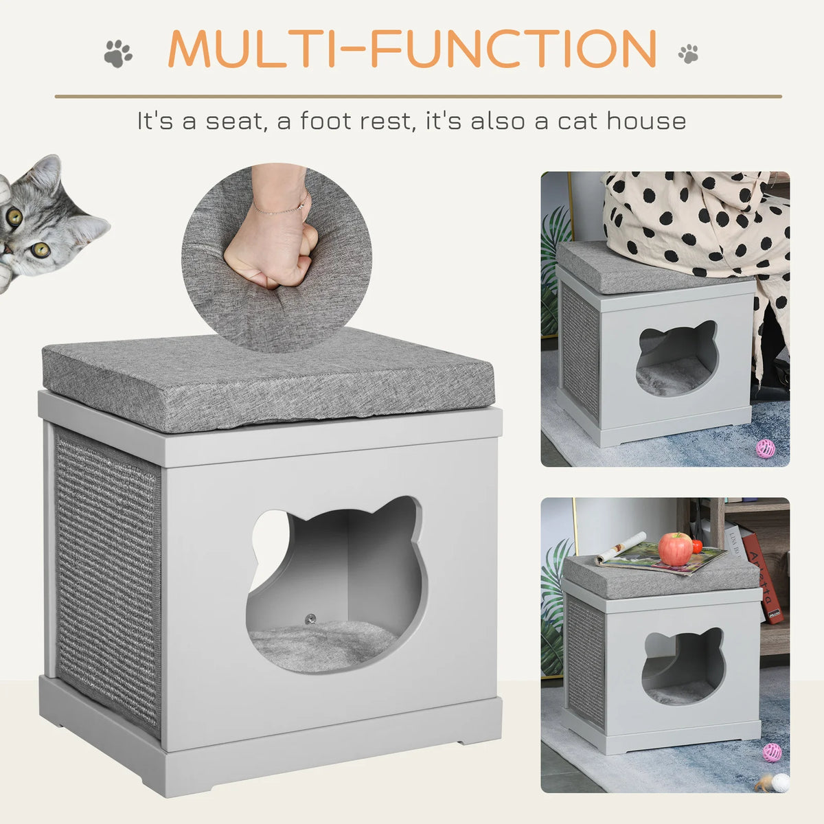 Cat House Cube with Bed on Top 2 Sisal Scratching Pads and Removable Washable Cushions MDF Indoor