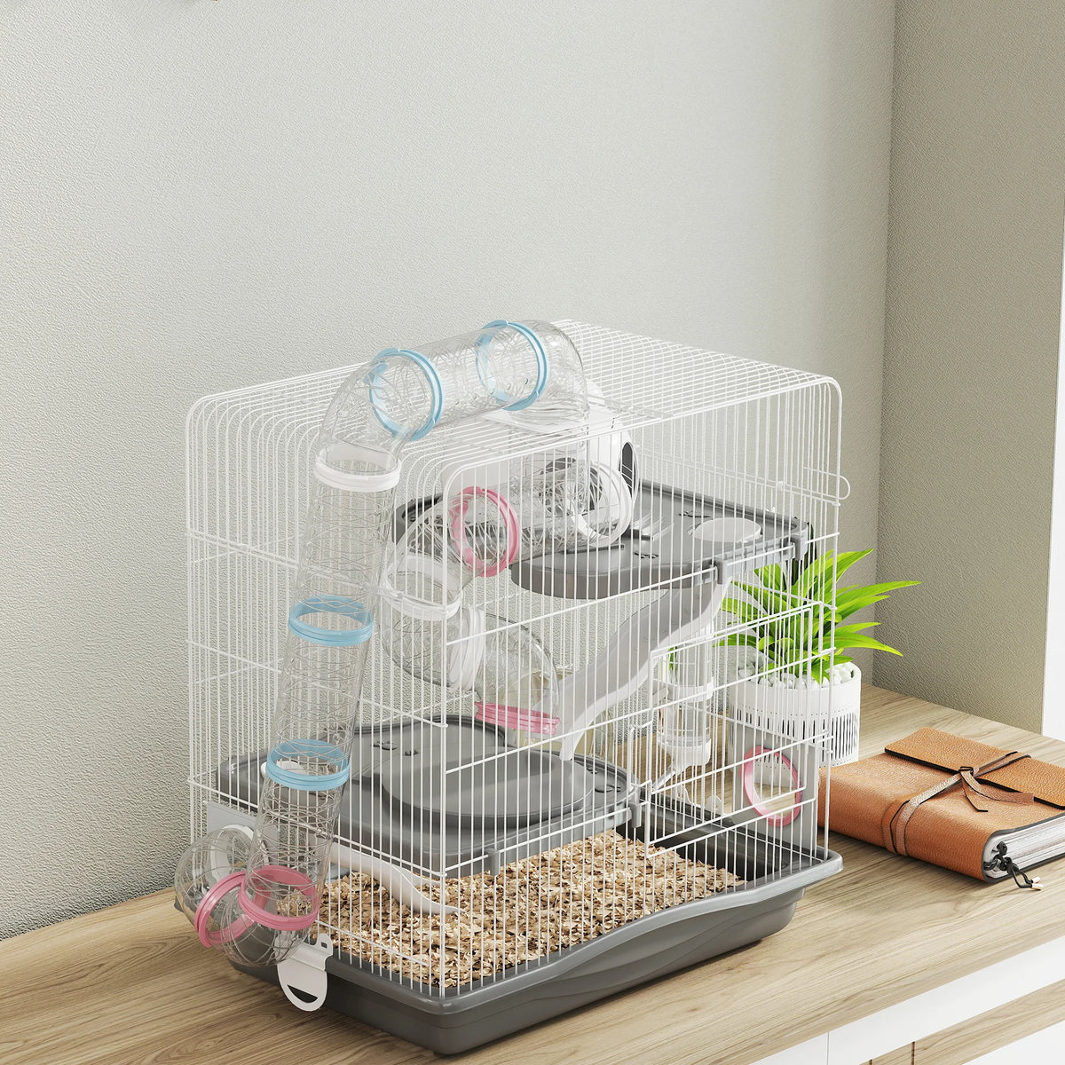 3 Tier Hamster Cage 45x30x45cm with 14 Tubes Exercise Wheel and 9cm Deep Base for Dwarf Hamsters Grey