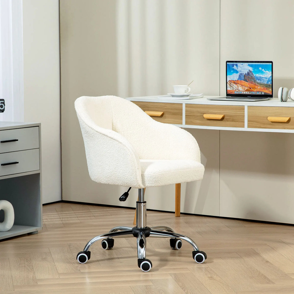 Fluffy Vanity Chair with Teddy Fleece Upholstery Height Adjustable 46-56cm 5 Wheels and Tilt Function