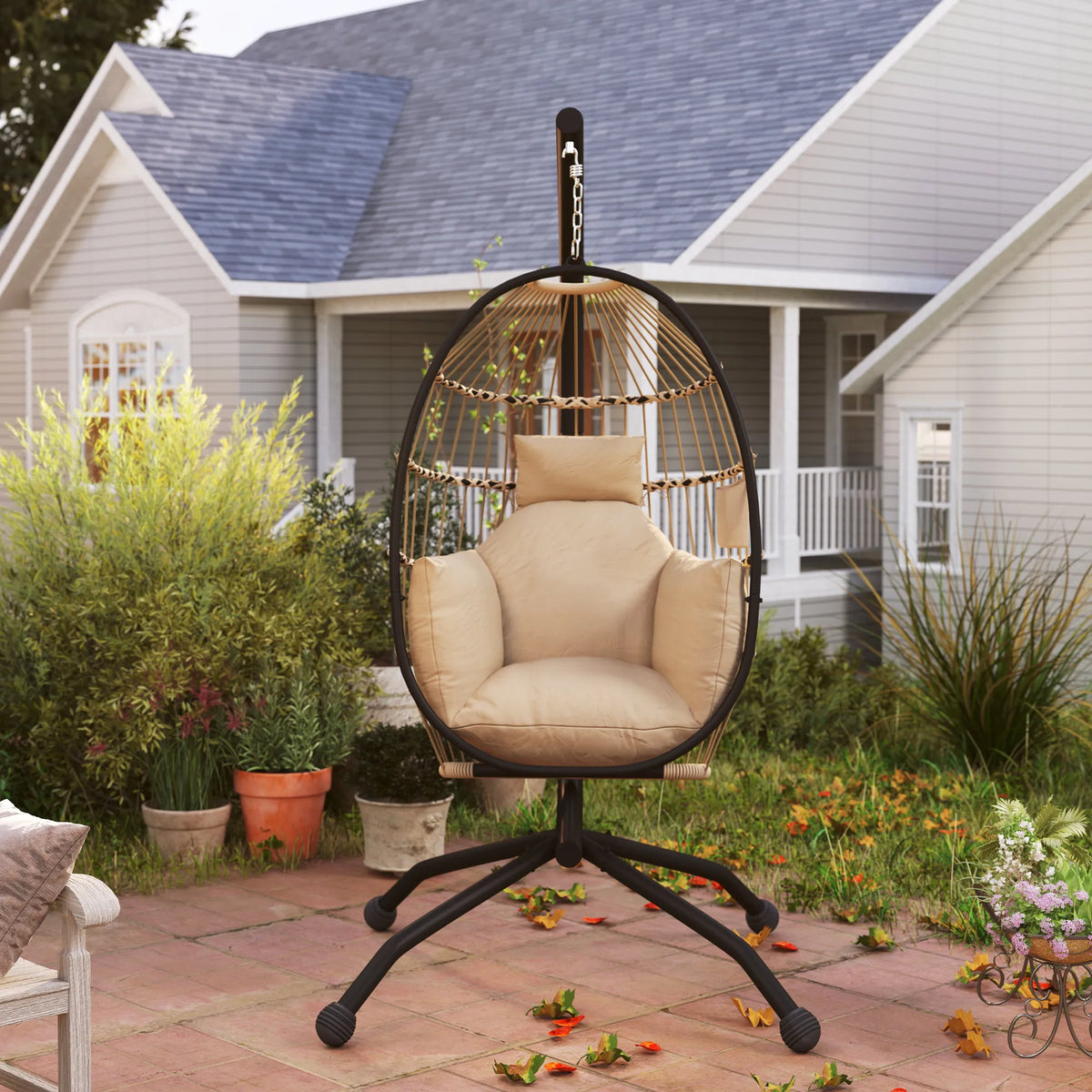 Hanging Egg Chair with Stand, Cup Holder and 20cm Cushion, Khaki