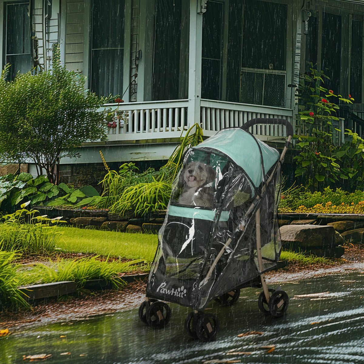 Khaki pet stroller for small dogs with mesh canopy