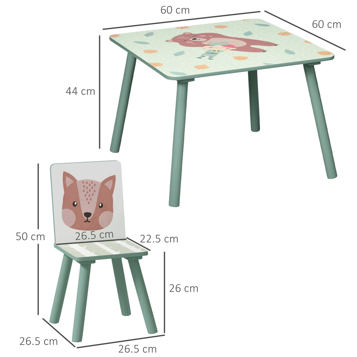 3 Piece Kids Table and Chair Set with 2 Chairs Animal Design Rounded Edges for Ages 3-8 Nursery