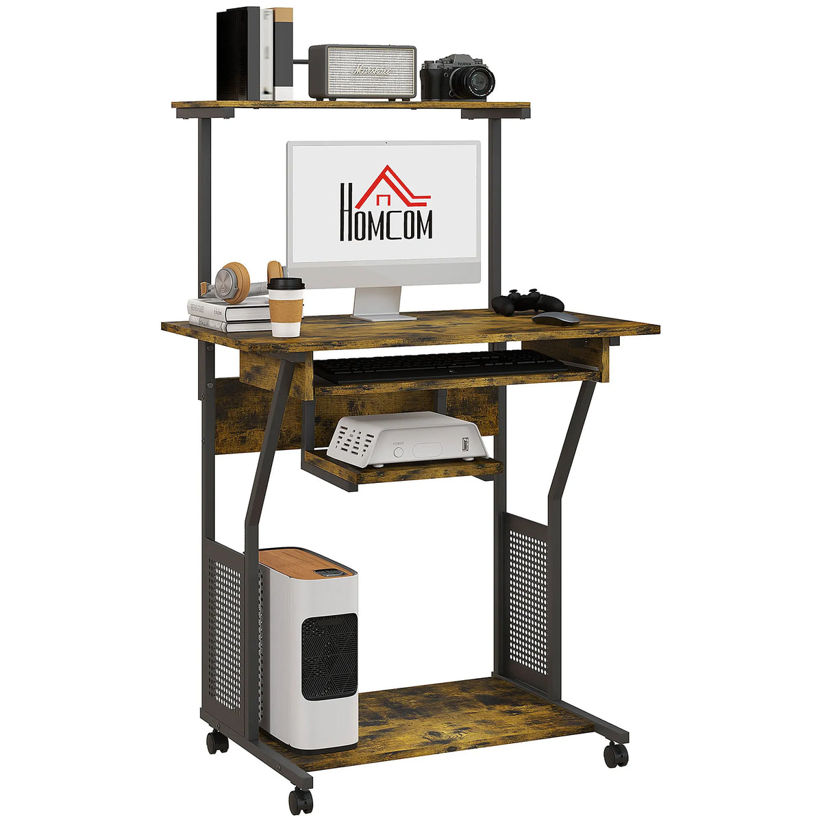 Mobile Computer Desk with Keyboard Tray, Shelves and Lockable Wheels, Rustic Brown