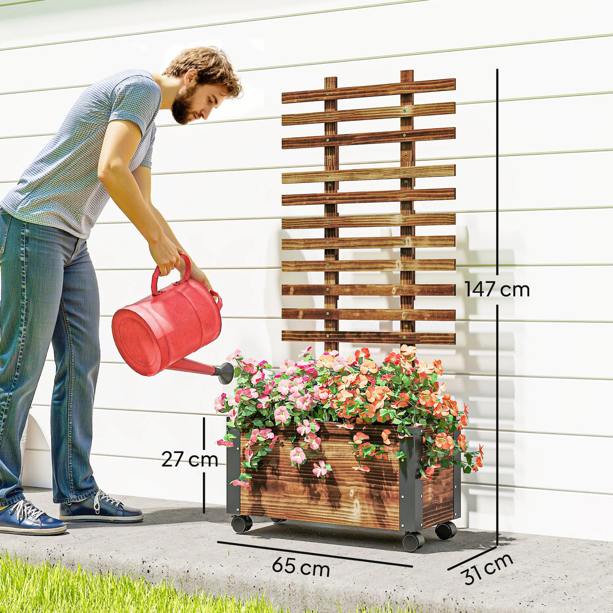 Raised Garden Bed with Ladder Trellis Carbonised Wood Metal Corners 4 Wheels 2 Braked Liner and Drainage