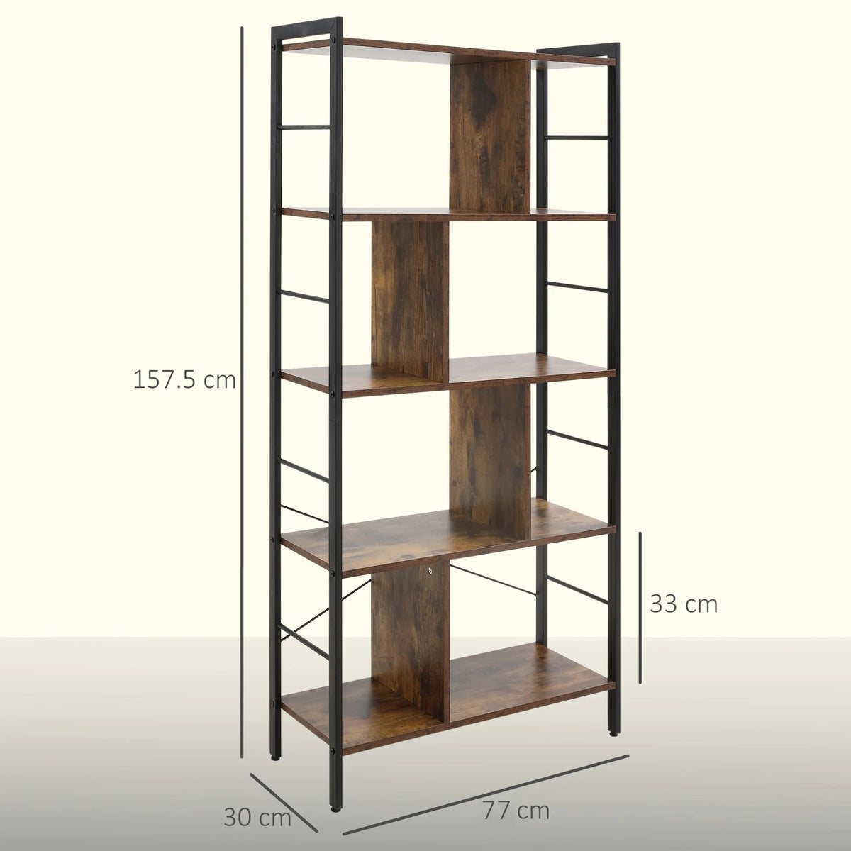 Industrial 5-Tier Bookcase with Metal Frame, Rustic Brown and Black