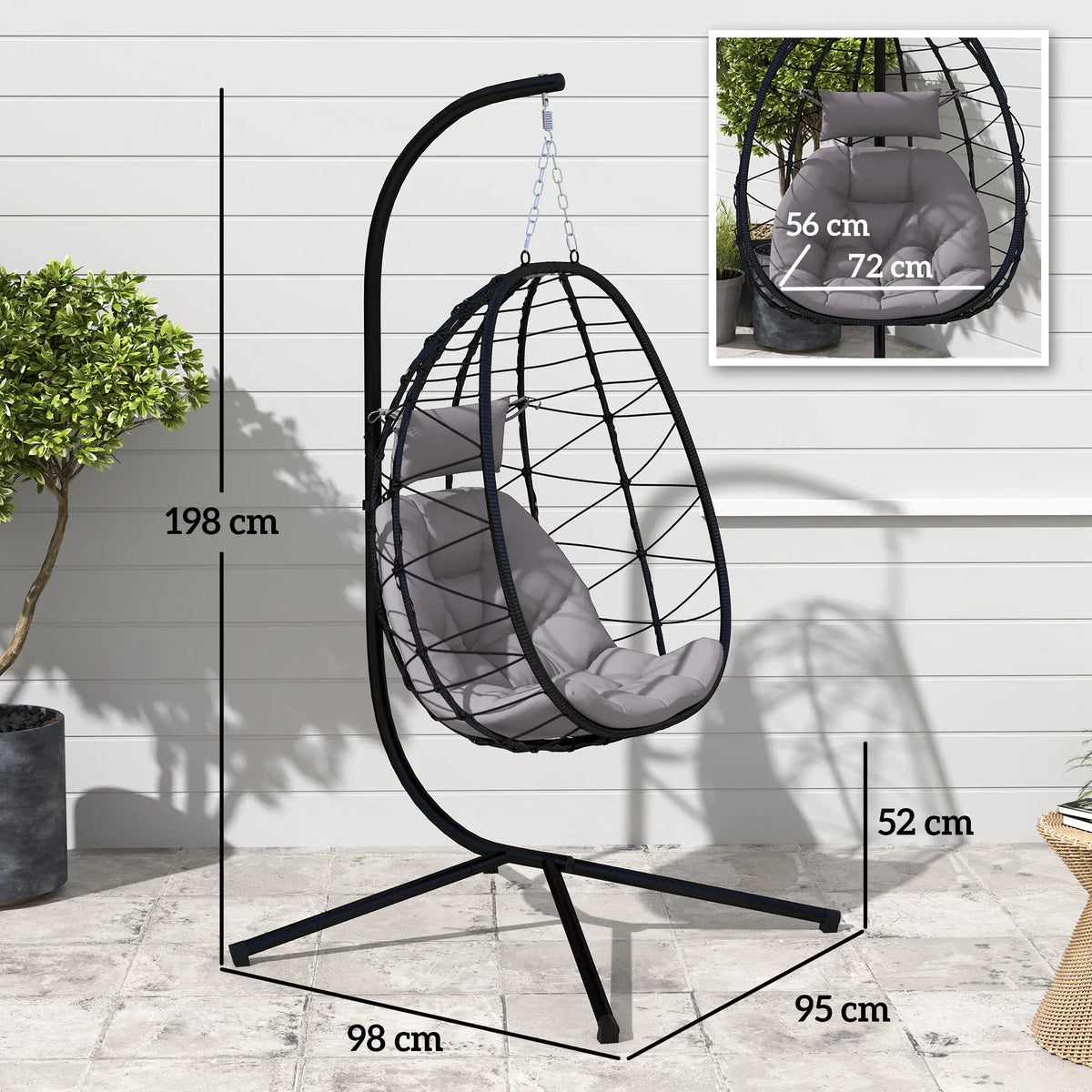 Folding Garden Egg Chair with Stand and Thick Cushion, Grey