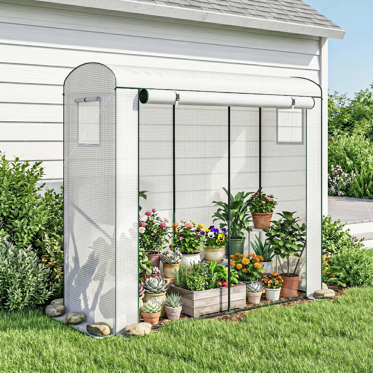 Portable Tomato Greenhouse with Roll-Up Door and Mesh Windows, White