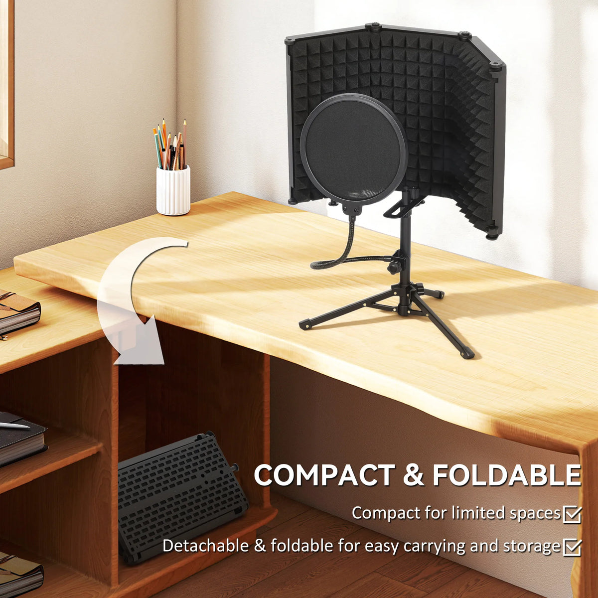 Studio Microphone Isolation Shield with Pop Filter & Stand, Black