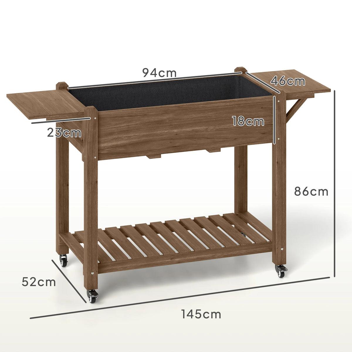 Raised Garden Bed, Wooden Elevated Planter Box with Lockable Wheels, Side Tables, Carbonised