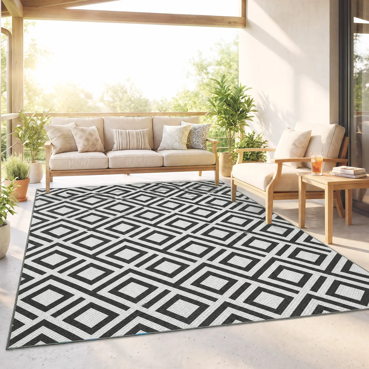 Reversible Outdoor Rug with Carry Bag, 182 x 274cm, Black and White