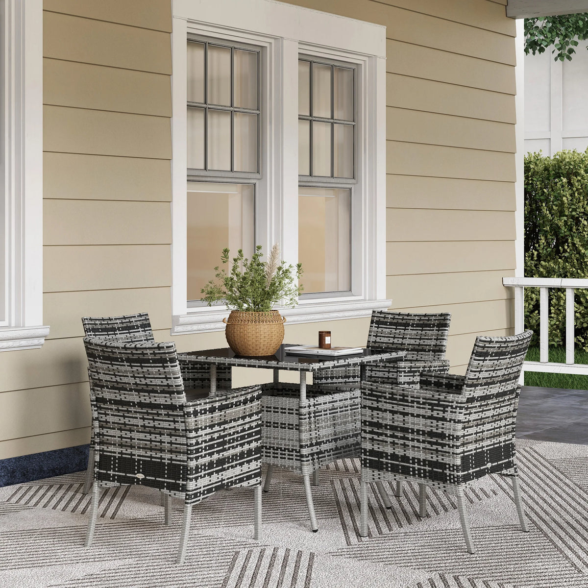 4 Seater Rattan Set with Cushions, PE Rattan Garden Furniture Set, Glass Top Table, Outdoor Table and Chairs