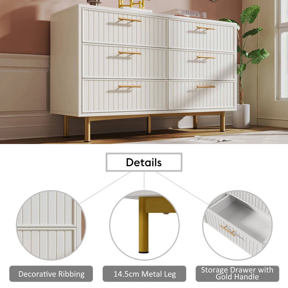 6 Drawer Sideboard Chest of Drawers 120x40x75cm White Particle Board Gold Handles Metal Base Living Room