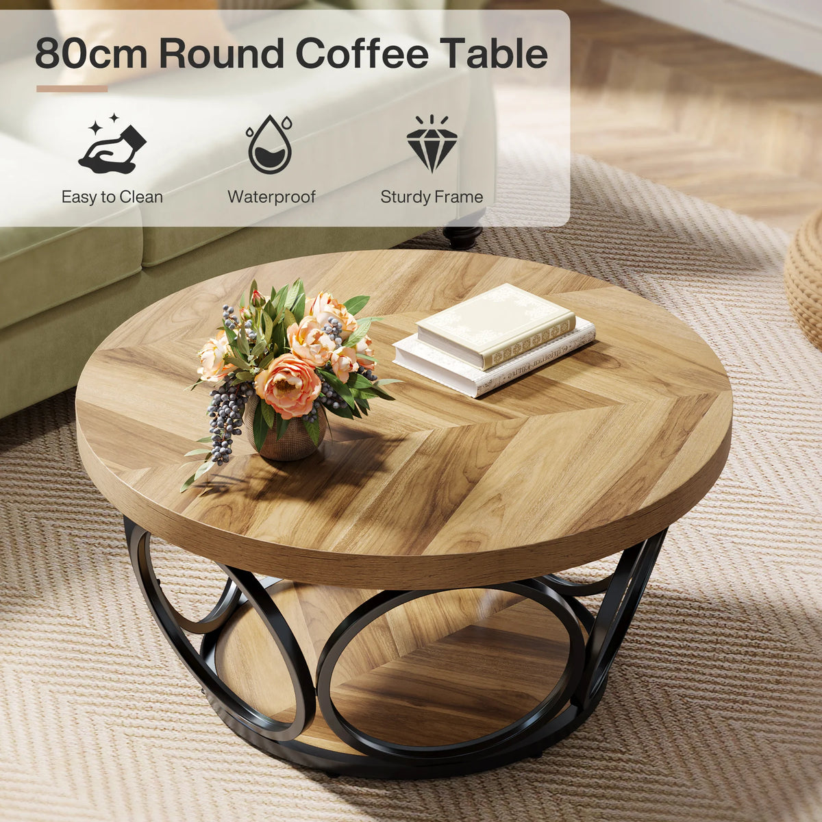 Round Coffee Table 80cm Wooden Center Table with 2 Tier Storage Farmhouse Style