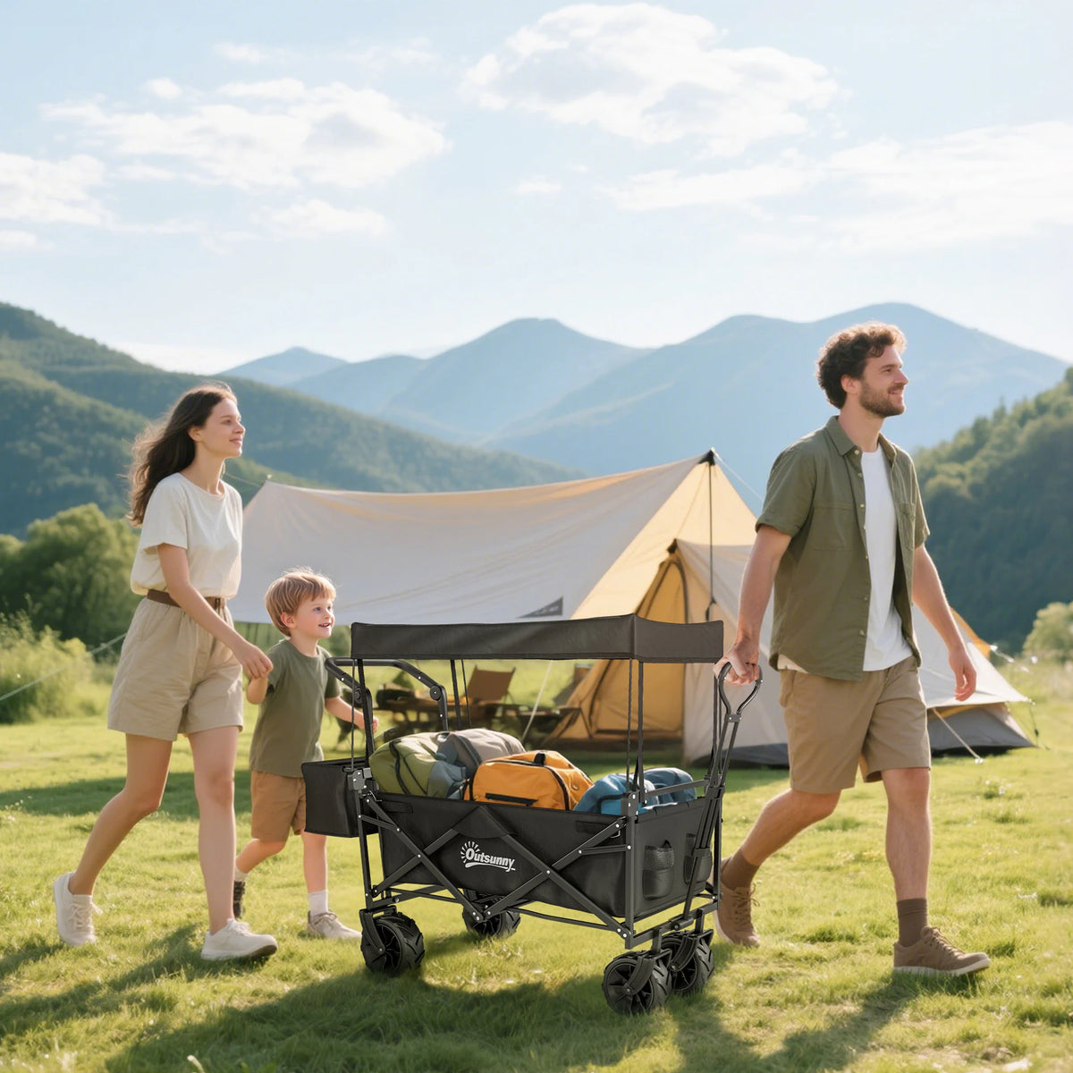 Folding Trolley Cart 68kg with 4 Wheels Telescopic Handle Canopy Side Pocket and Cup Holder Black