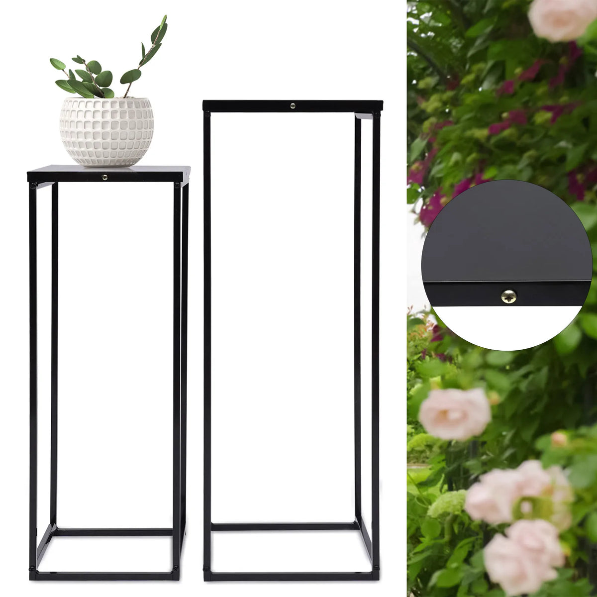 Set of 2 Black Metal Square Plant Stands 22x22x60cm and 25x25x70cm for Patio Garden Living Room Decor