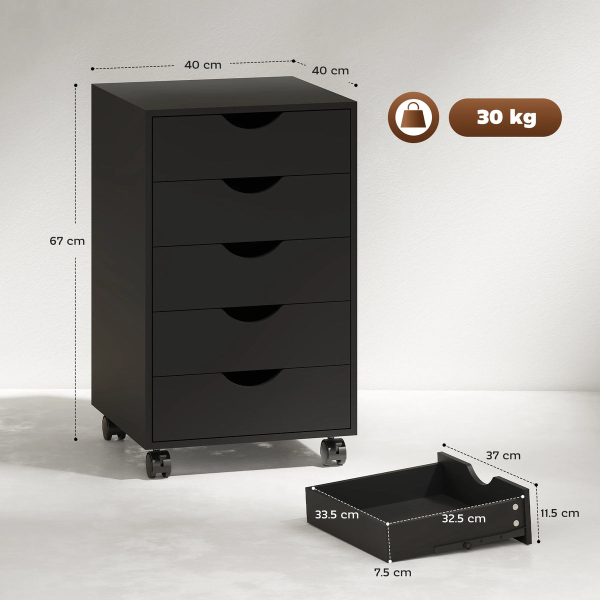5-Drawer Mobile Filing Cabinet on Wheels with Brakes, Black