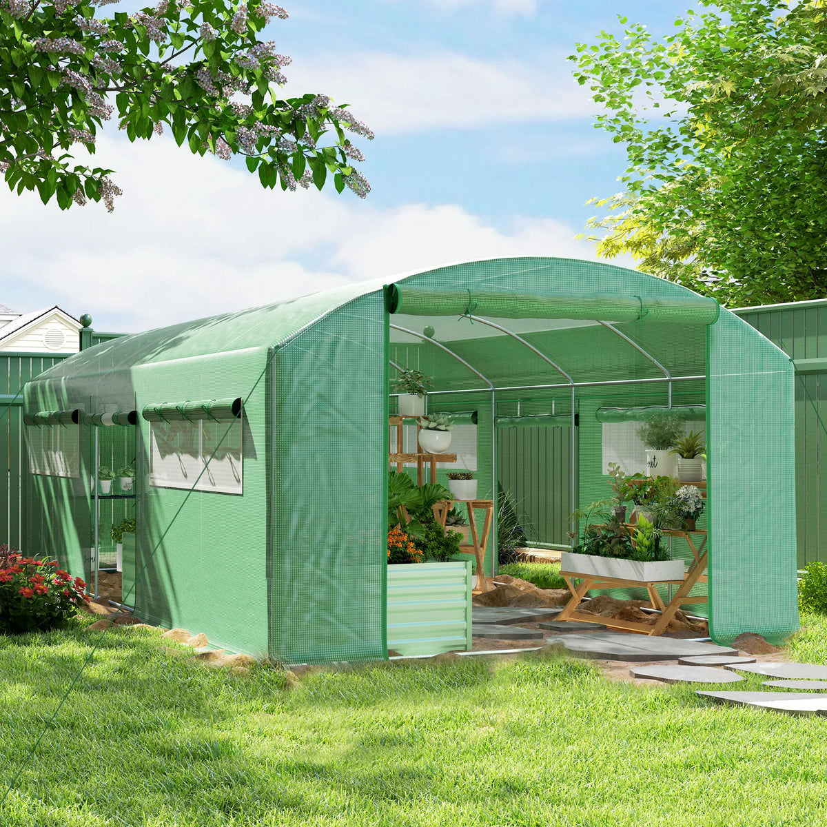 Walk In Polytunnel Greenhouse 6x3x2m with 3 Roll Up Doors 6 Mesh Windows 140gsm Reinforced Grid Cover