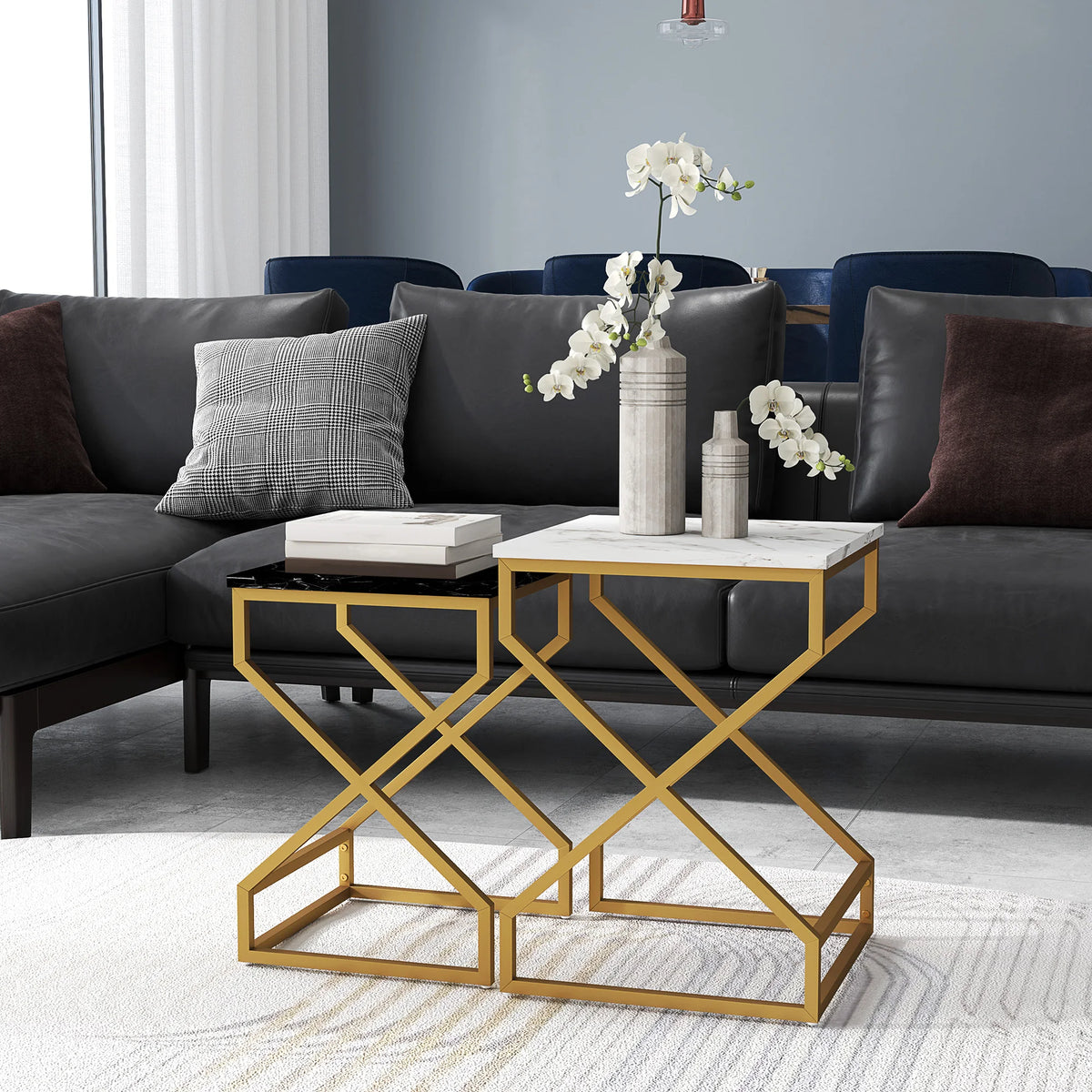Nest of 2 Coffee Tables with Marble Effect Tops Gold Tone Steel Frames 100kg Each Black and White