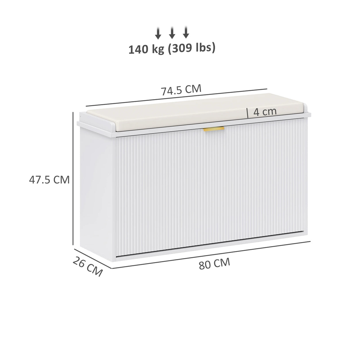 Shoe Storage Bench with Cushioned Seat and Flip Drawer, 80 x 26 x 47.5 cm, White