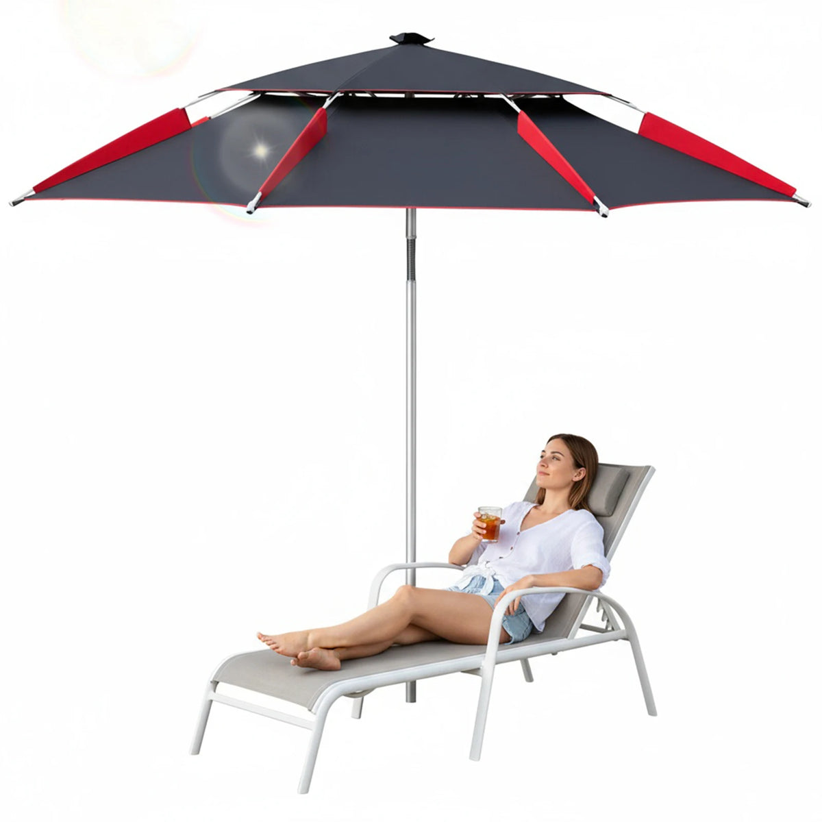 Large Double-Layer Beach and Fishing Umbrella, Portable Garden Parasol, Red