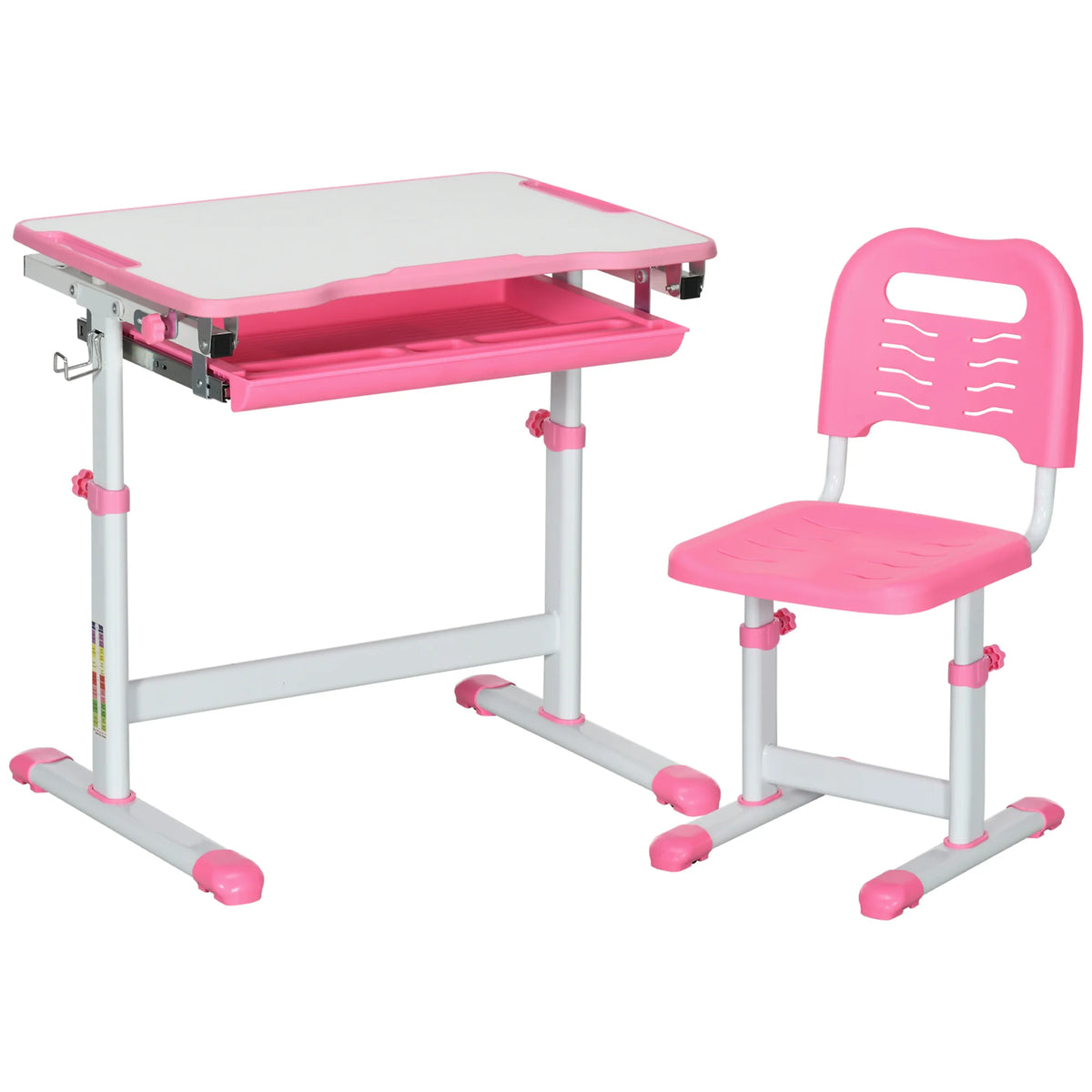 Kids Desk and Chair Set Height Adjustable 52-77cm with 45 Degree Tilting Top Drawer 2 Pen Slots and Hook