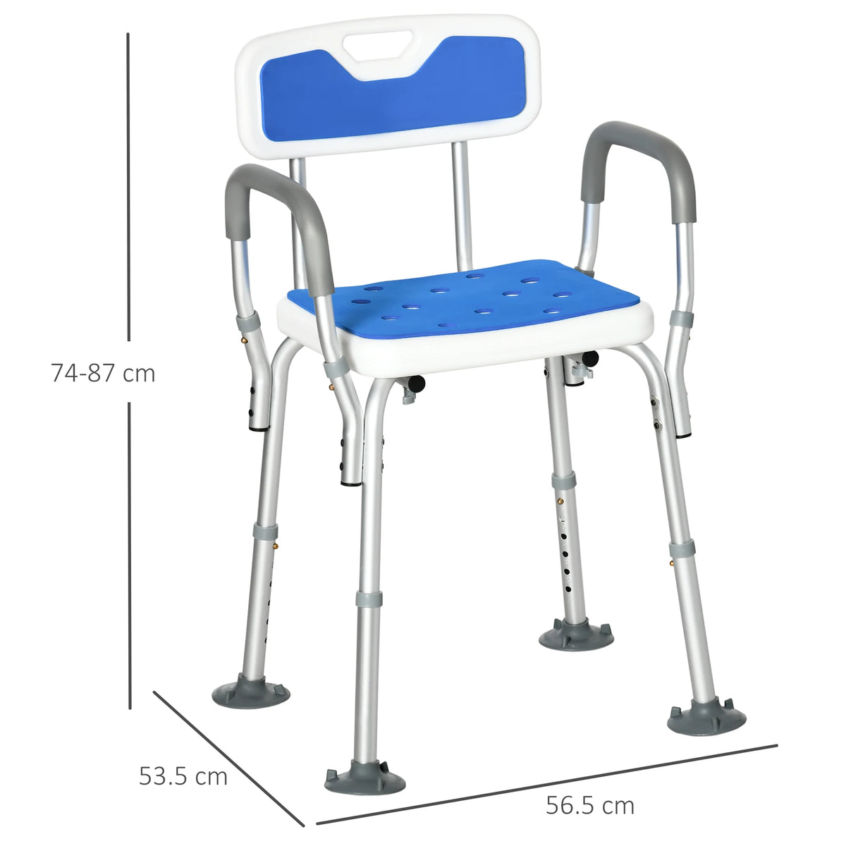 Adjustable Shower Stool with Arms and Back, Padded Bath Seat with Suction Feet, Blue