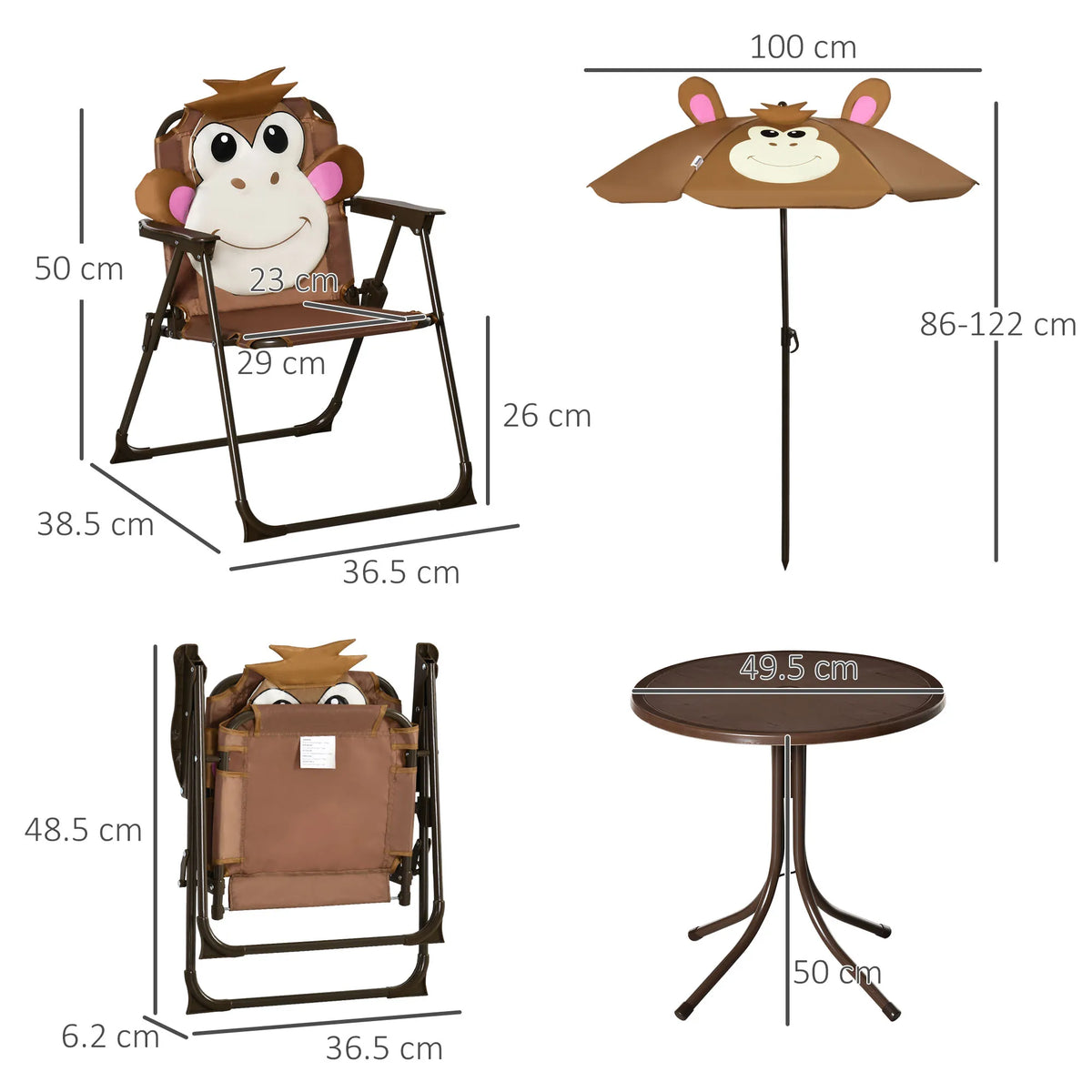 Kids 4 Piece Folding Garden Set with Table 2 Chairs and 6 Bone Parasol Monkey Design Metal Brown