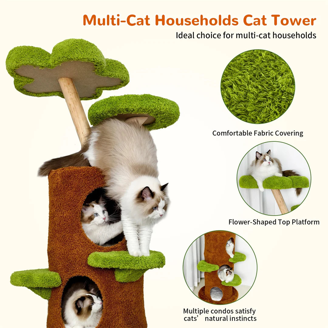 BINGOPAW Green Multi-Level Cat Tree Tower 61x148cm Sisal Scratching Post Plush Cave for Multiple Cats