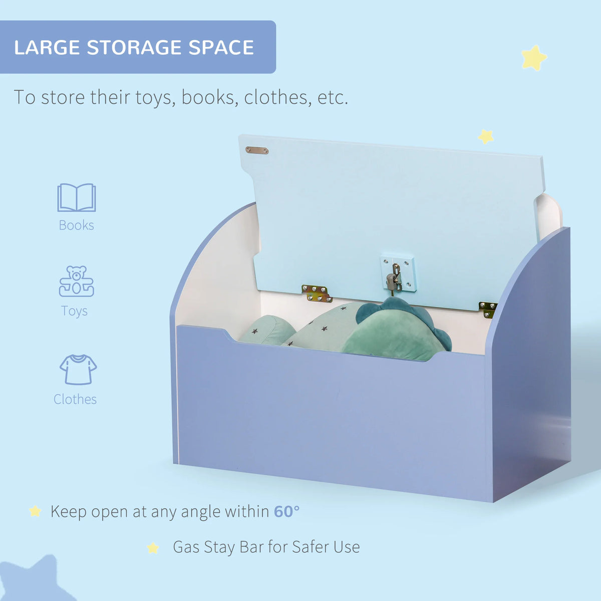 Kids Wooden Toy Box and Bench with Gas Hinge Lid MDF Storage Chest with Front Vent Blue