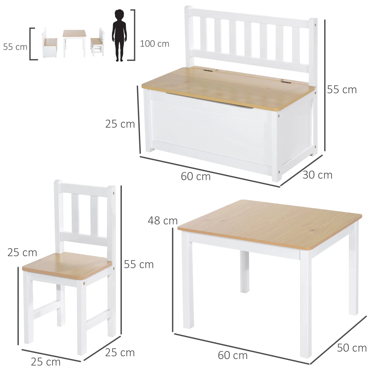 4-Piece Kids Table and Chair Set with 2 Wooden Chairs, 1 Storage Bench