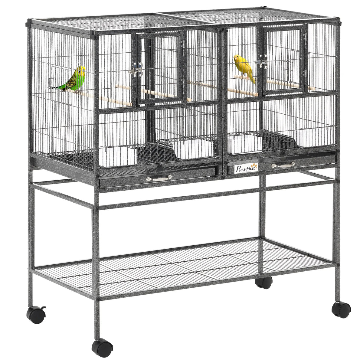 Double Rolling Bird Cage with Removable Divider 2 Metal Trays 4 Wood Perches and Storage Shelf
