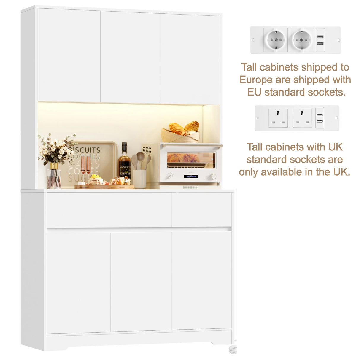 180cm Tall Kitchen Cabinet with LED Lighting and Power Outlet | Sideboard with 6 Doors 2 Drawers and Adjustable Shelves