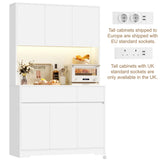 180cm Tall Kitchen Cabinet with LED Lighting and Power Outlet | Sideboard with 6 Doors 2 Drawers and Adjustable Shelves