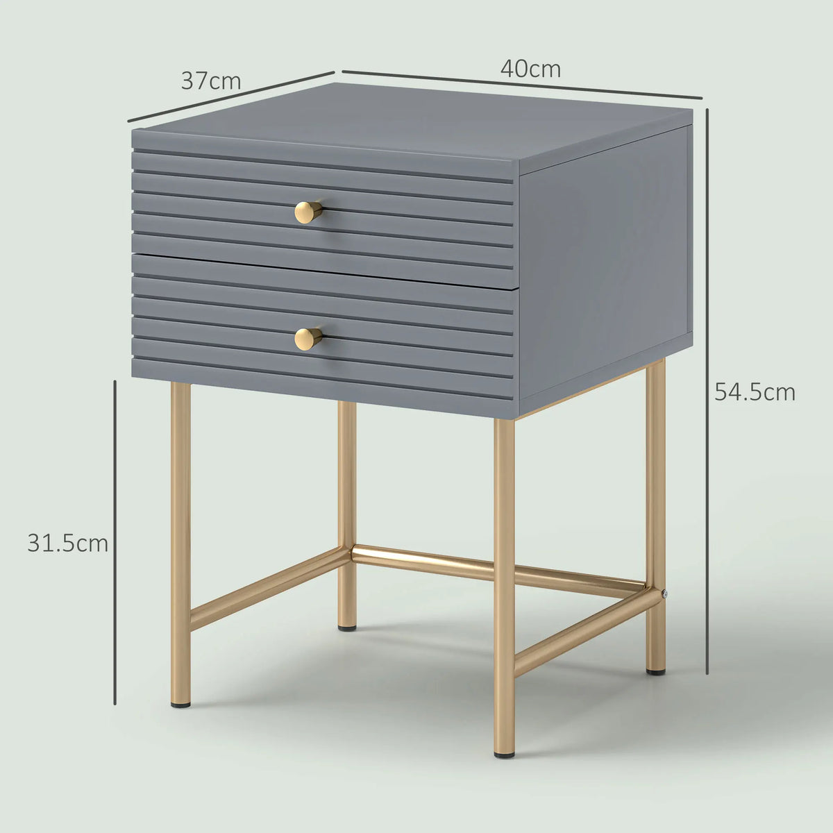 Bedside Tables Set of 2 with 2 Drawers and Gold-Tone Legs, Grey