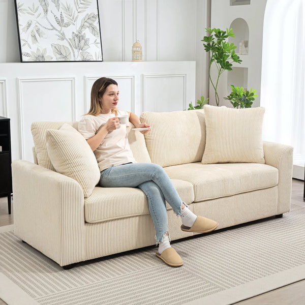 Compact 3 Seater Corduroy Sofa with Pocket Spring Cushions, Cream White