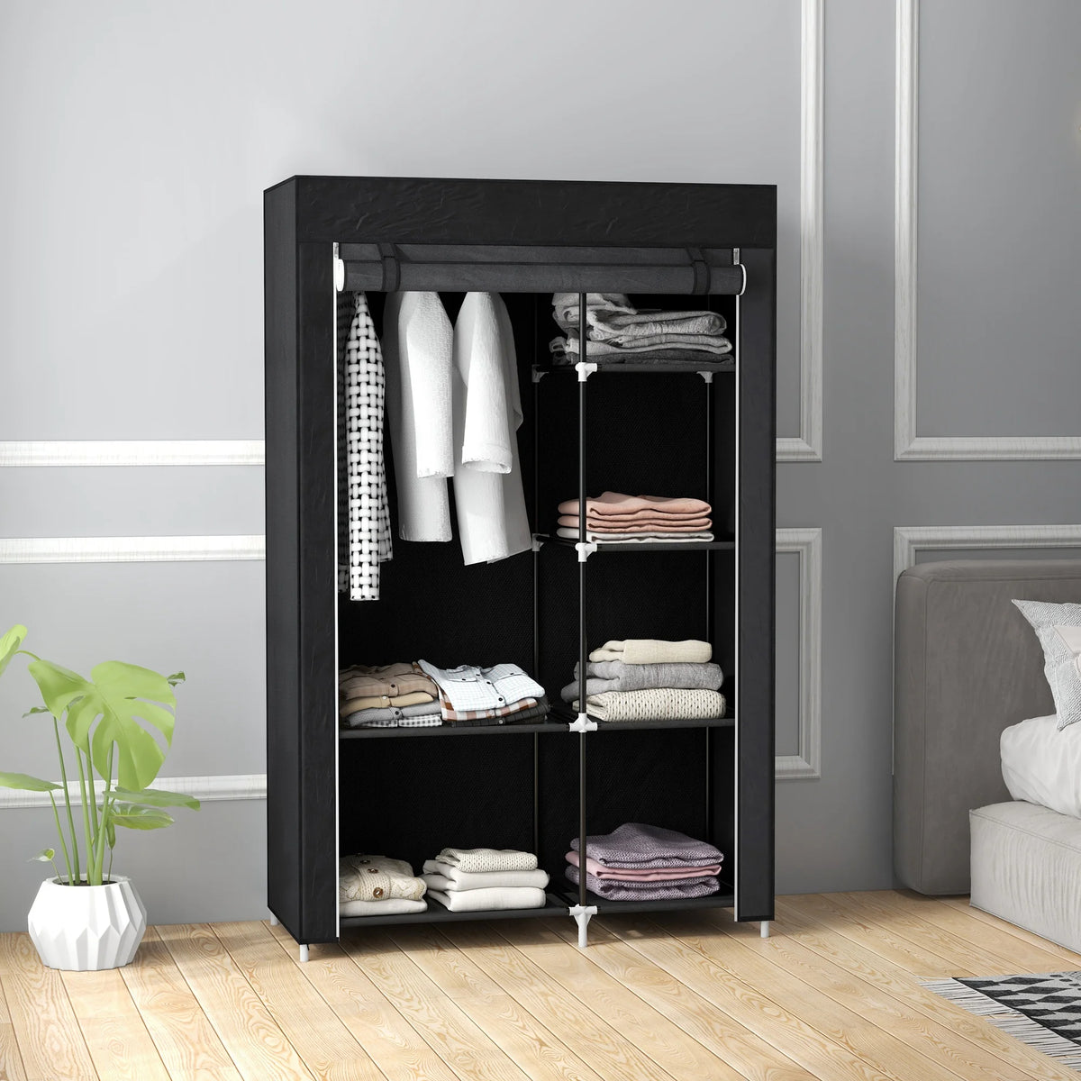 Fabric Wardrobe w/ Shelves Hanging Rail Foldable Closets