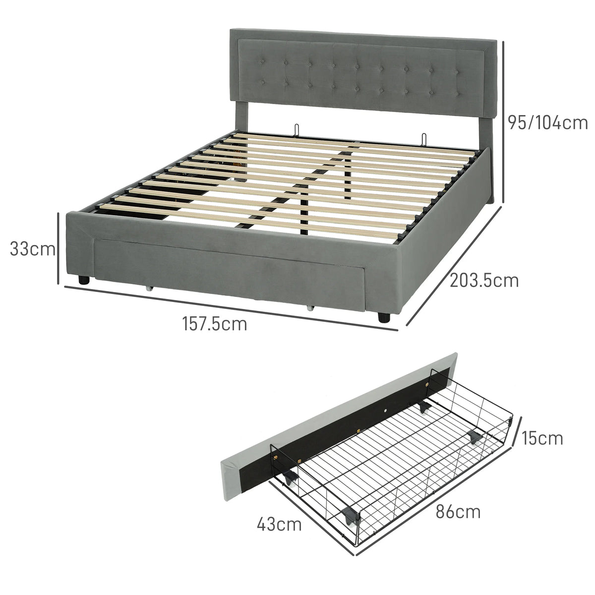 King Size Ottoman Bed Frame with Hydraulic Lift Storage 157.5x203.5cm Front Drawer Adjustable Velvet Headboard