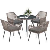 5-Piece Rattan Garden Dining Set with 4 Armchairs, Glass Top Table and Parasol Hole