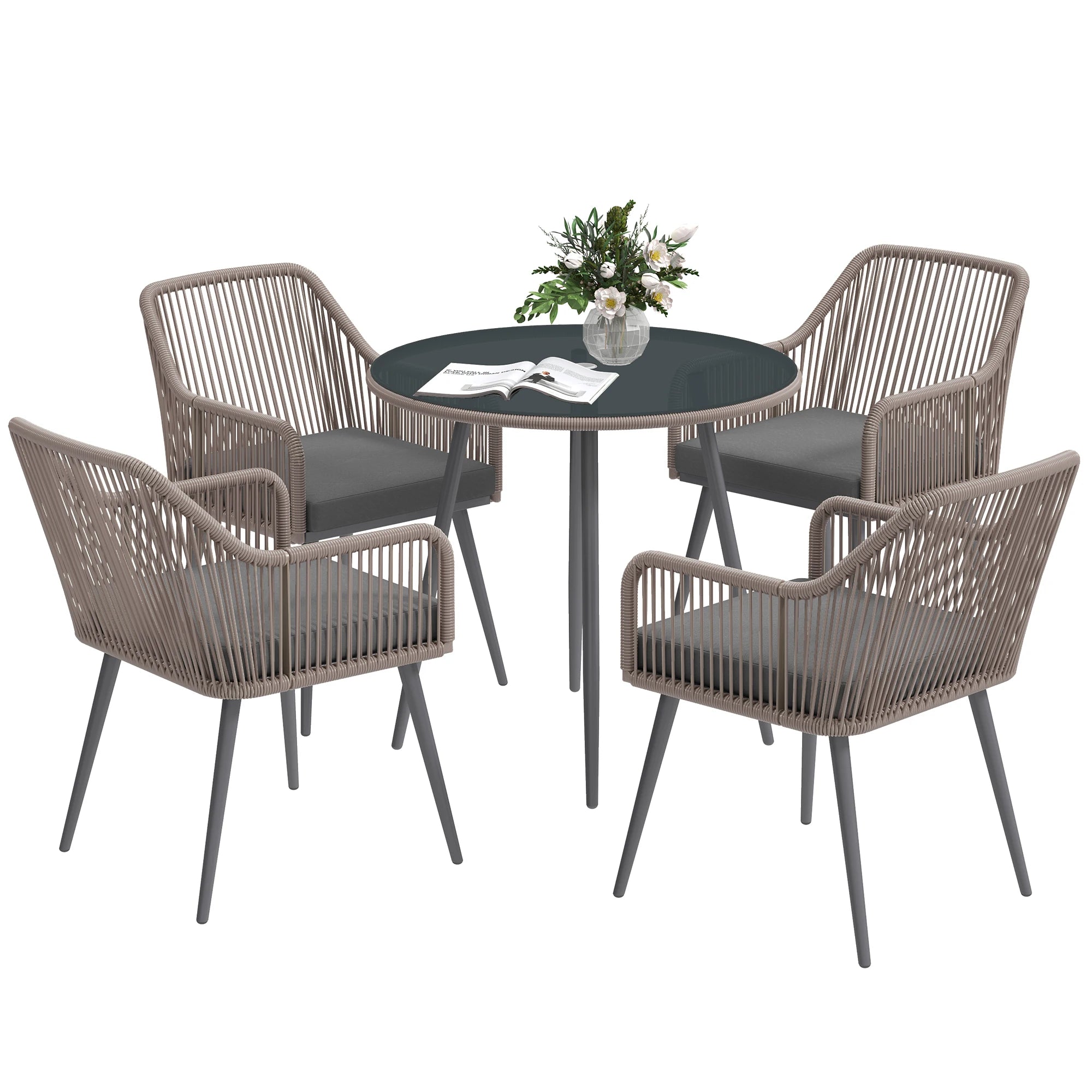 5-Piece Rattan Garden Dining Set with 4 Armchairs, Glass Top Table and Parasol Hole